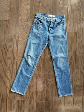 AMO “Charolette” You are Loved Mid Wash Straight Leg Jeans with Knee Distress
